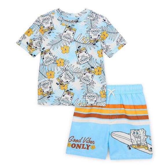SpongeBob Toddler Boy Short Sleeve Rash Guard and Swim Shorts 2 Piece Set 5T - Picture 1 of 12